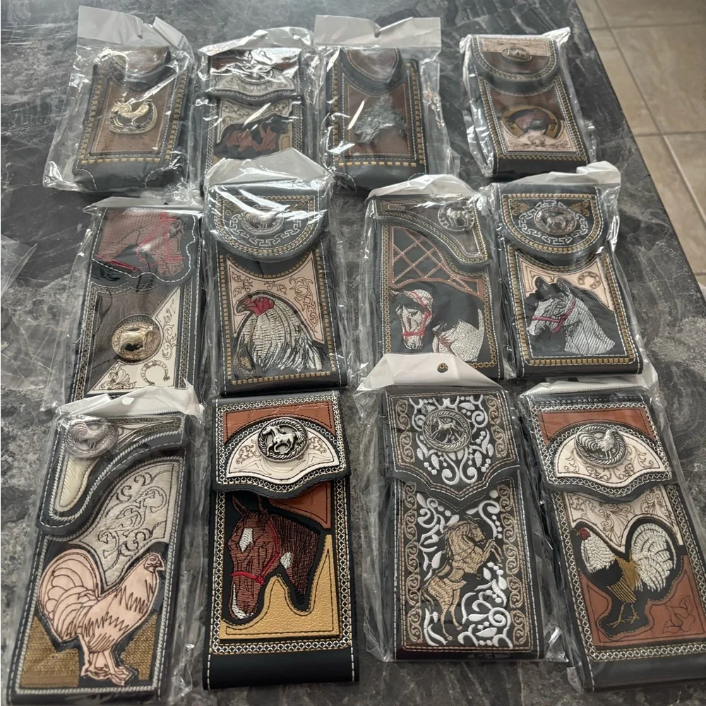 Western Cowboy/Charro Vinil and leather Cellular Phone case Rooster, Horse/Bull